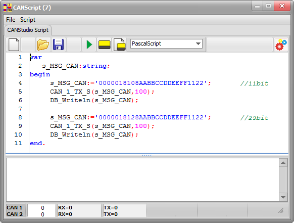 9. OKNO CANScript (7) System skryptowy umożliwia użytkownikowi pisanie własnych skryptów pozwalających na jeszcze większą elastyczność współpracy z CAN.