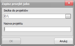 Nowy projekt Otwiera nowy, czysty projekt. Żeby zachować nowy projekt należy go zapisać. Otwórz projekt Otwiera projekt z zapisanego pliku projektu. Zapisz projekt Zapisuje bieżący projekt w pliku.