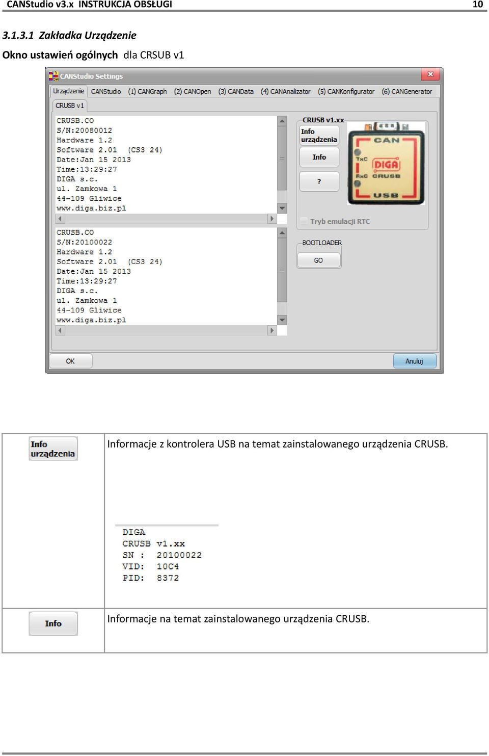 USB na temat zainstalowanego urządzenia CRUSB.