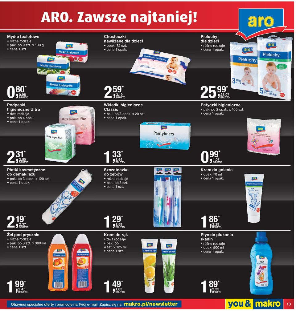 po 3 opak. x 120 szt. 1, 33* 1,44 Szczoteczka do zębów pak. po 3 szt. 0, 99* 1,07 Krem do golenia opak. 70 ml 2, 19* 2,37 Żel pod prysznic pak. po 3 szt. x 300 ml 1, 29* 1,59 Krem do rąk dwa rodzaje pak.