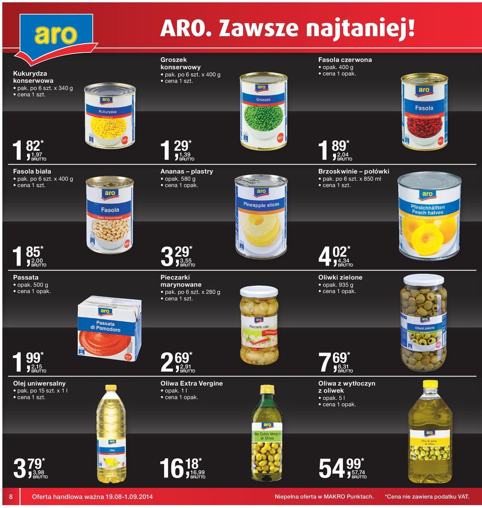 935 g 1, 99* 2,15 Olej uniwersalny pak. po 15 szt. x 1 l 2, 69* 2,91 Oliwa Extra Vergine opak. 1 l 7, 69* 8,31 Oliwa z wytłoczyn z oliwek opak.