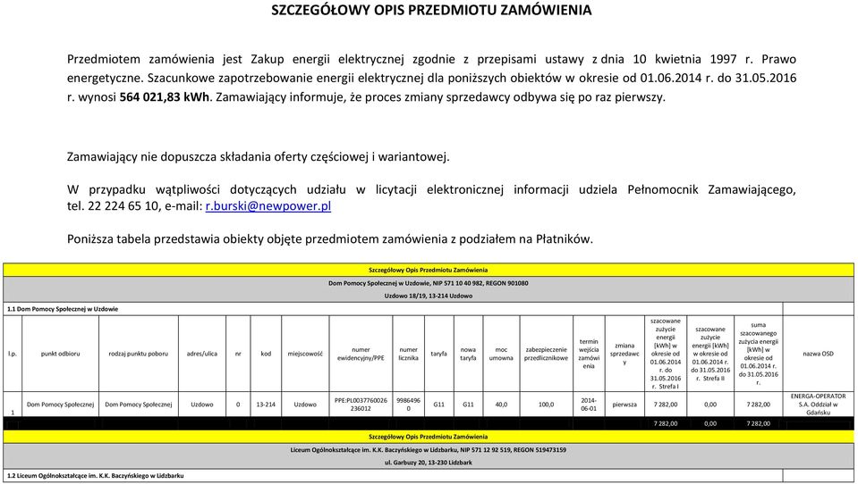 Zamawiając nie dopuszcza składania ofert częściowej i wariantowej. W przpadku wątpliwości dotczącch udziału w lictacji elektronicznej informacji udziela Pełnonik Zamawiającego, tel.