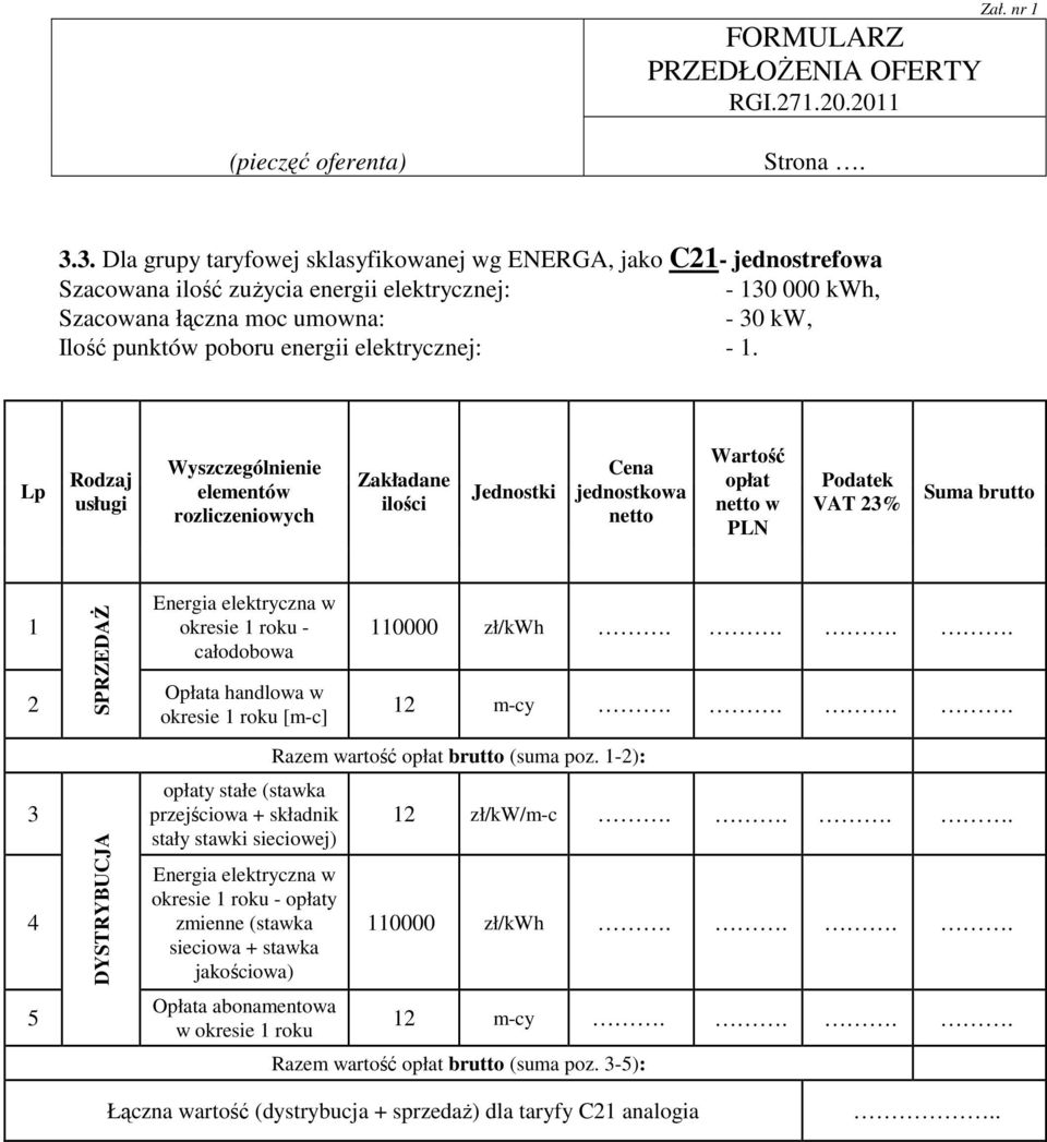 Lp Rodzaj w PLN całodobowa okresie roku [m-c] y stałe (stawka y w okresie roku 0000 zł/kwh.