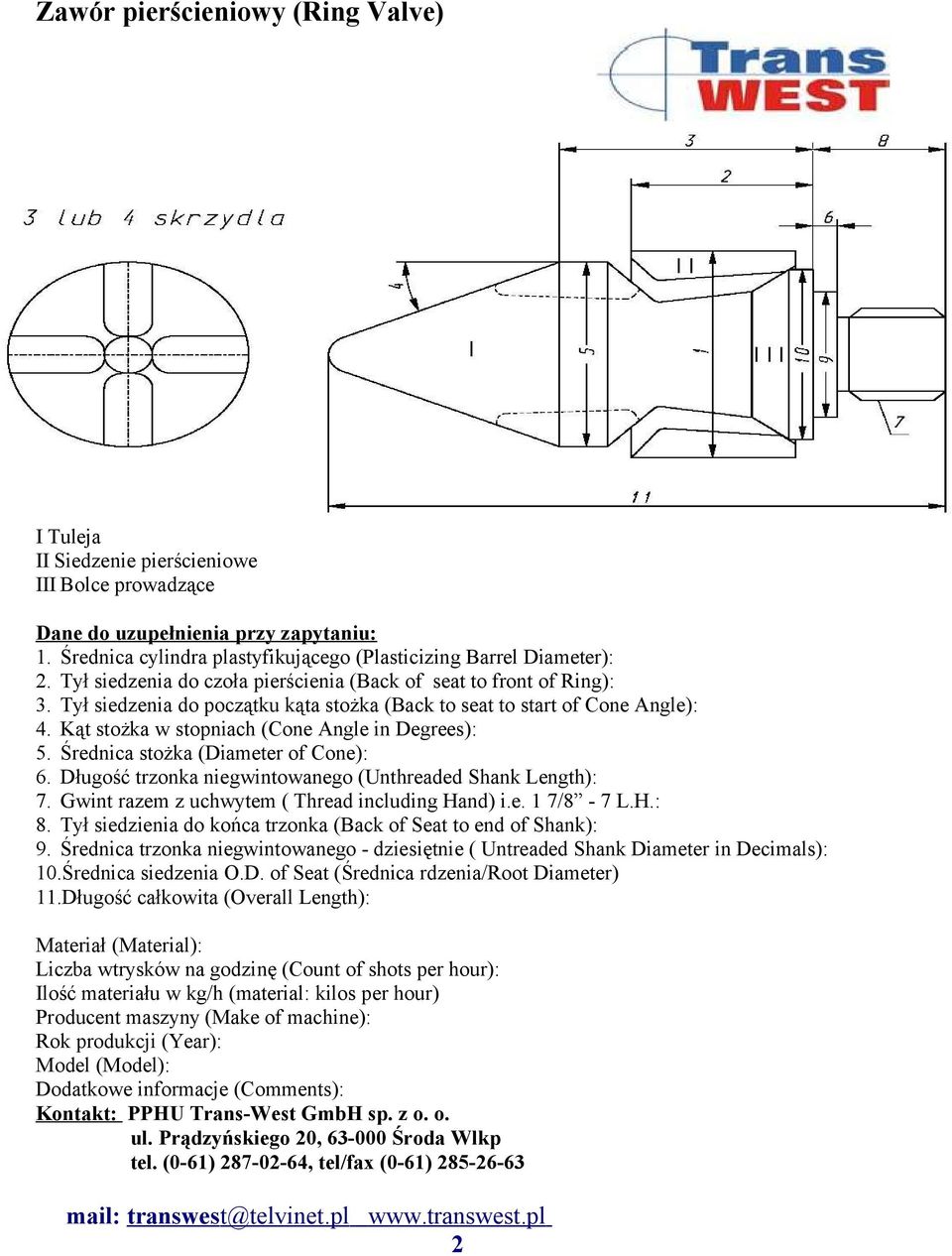 Kąt stożka w stopniach (Cone Angle in Degrees): 5. Średnica stożka (Diameter of Cone): 6. Długość trzonka niegwintowanego (Unthreaded Shank Length): 7.
