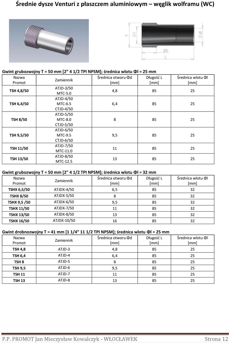 5 4,8 85 25 6,4 85 25 8 85 25 9,5 85 25 11 85 25 13 85 25 Gwint grubozwojny T = 50 mm [2" 4 1/2 TPI NPSM]; średnica wlotu Φl = 32 mm TSHX 6,5/50 ATJDX-4/50 6,5 85 32 TSHX 8/50 ATJDX-5/50 8 85 32 TSHX