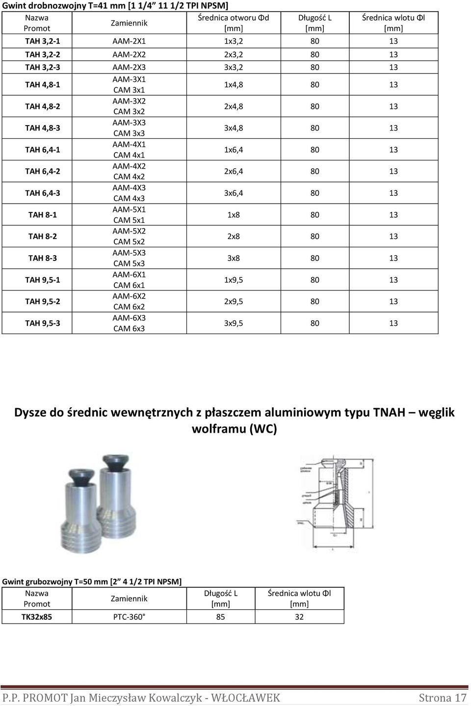 1x8 80 13 TAH 8-2 AAM-5X2 CAM 5x2 2x8 80 13 TAH 8-3 AAM-5X3 CAM 5x3 3x8 80 13 TAH 9,5-1 AAM-6X1 CAM 6x1 1x9,5 80 13 TAH 9,5-2 AAM-6X2 CAM 6x2 2x9,5 80 13 TAH 9,5-3 AAM-6X3 CAM 6x3 3x9,5 80 13 Dysze