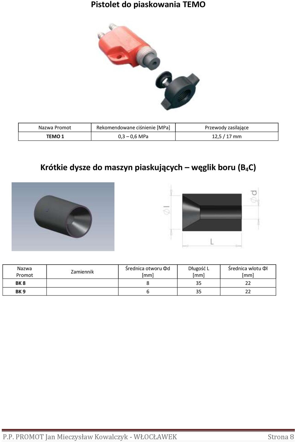 dysze do maszyn piaskujących węglik boru (B 4 C) BK 8 8 35 22