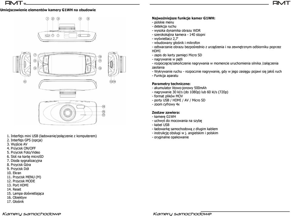 nagrywania w momencie uruchomienia silnika /załączenia zasilania - Wykrywanie ruchu - rozpocznie nagrywanie, gdy w jego zasięgu pojawi się jakiś ruch - Funkcja aparatu Parametry techniczne: -