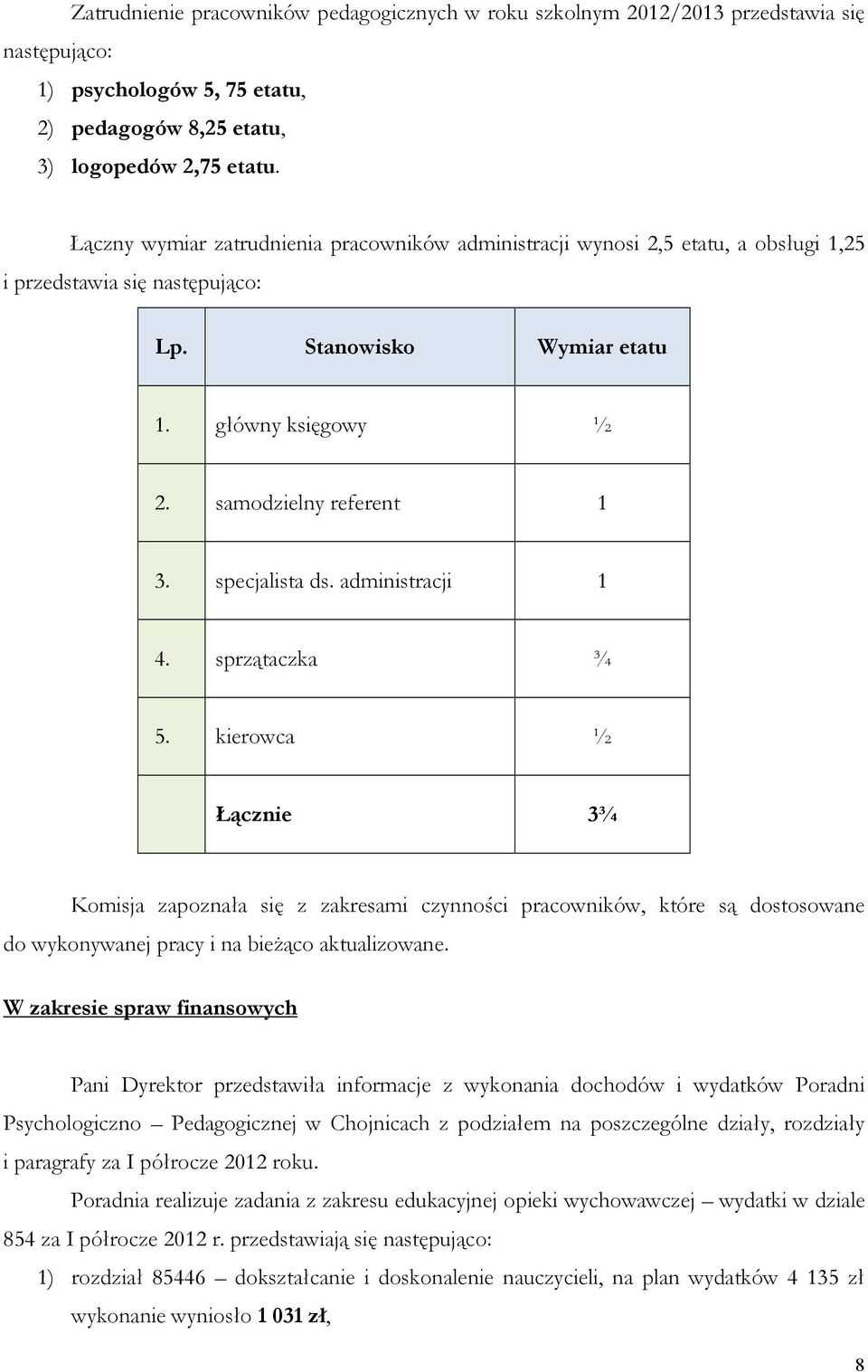 specjalista ds. administracji 1 4. sprzątaczka ¾ 5. kierowca ½ Łącznie 3¾ Komisja zapoznała się z zakresami czynności pracowników, które są dostosowane do wykonywanej pracy i na bieżąco aktualizowane.