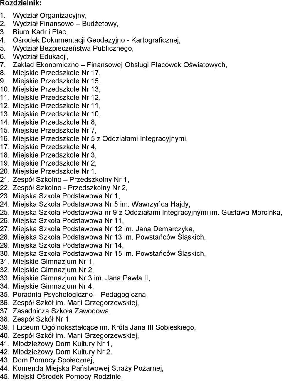 Miejskie Przedszkole Nr 12, 12. Miejskie Przedszkole Nr 11, 13. Miejskie Przedszkole Nr 10, 14. Miejskie Przedszkole Nr 8, 15. Miejskie Przedszkole Nr 7, 16.