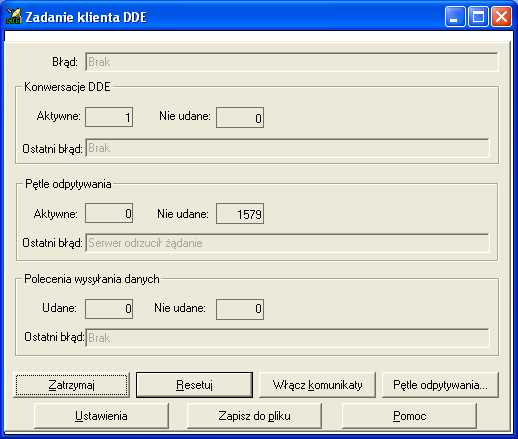 Aby pakiet ifix pracował jako serwer DDE należy uruchomić program DMDDE.EXE. Okno tego programu przedstawiono poniżej.
