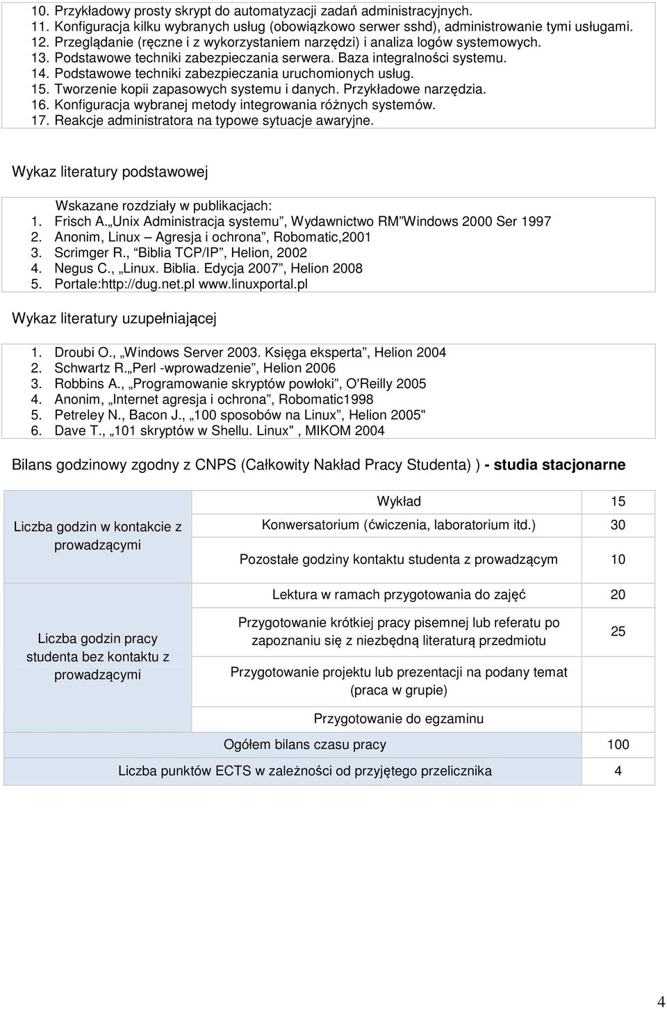 Podstawowe techniki zabezpieczania uruchomionych usług. 15. Tworzenie kopii zapasowych systemu i danych. Przykładowe narzędzia. 16. Konfiguracja wybranej metody integrowania różnych systemów. 17.