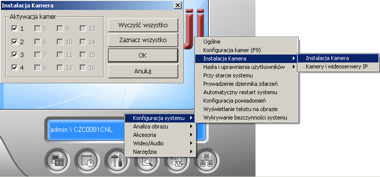 Załączenie kamer Wskazane jest by wszystkie kanały rejestratora były załączone bez względu na faktyczną ilość podłączonych do nich kamer zgodnie