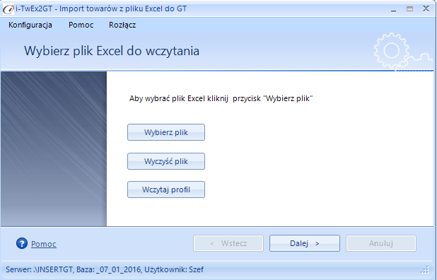 3. Praca z programem Program ma formę kreatora importu w którym w kolejnych krokach wskazujemy elementy importu a na zakończenie procesu zatwierdzamy wszystko przyciskiem Wykonaj. 3.1.