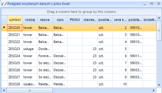 (rys. 20) wczytywanie towarów Mamy tutaj możliwość wglądu w plik importu przyciskiem Zobacz Excel.