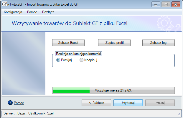 Import towarów rozpocznie się po wciśnięciu przycisku Wykona, pojawi się wtedy pasek postępu importowania towarów (rys. 22). (rys. 21) Postęp importu UWAGA!