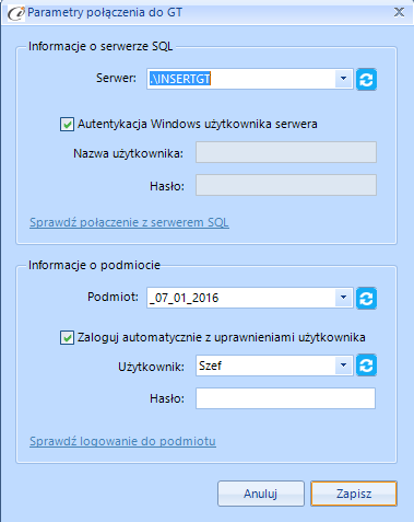 (rys. 6) Konfiguracja połączenia Następnie przystępujemy do konfiguracji parametrów połączenia z Subiektem GT (rys. 7). (rys. 7) Parametry połączenia do GT W nowo otwartym oknie Parametry połączenia do GT (Rys.