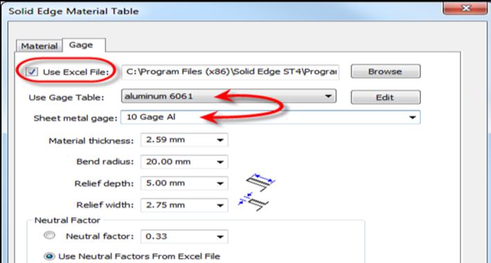 Zbiór głównych parametrów geometrycznych dla modelu części blaszanej (sheet metal gage), wraz z odpowiednią Tablica Materiałowa, mogą teraz bazować na pliku EXCEL (domyślnie już dostarczony