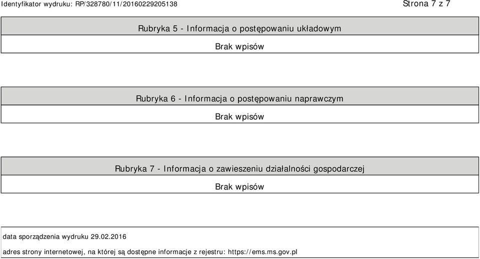 działalności gospodarczej data sporządzenia wydruku 29.02.