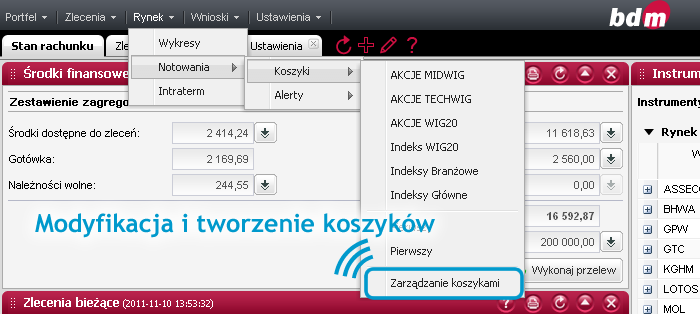 Wraz z możliwością tworzenia i edycji koszyków została uruchomiona opcja zapisywania widoku koszyka. Wywołuje się ją po kliknięciu prawym przyciskiem myszy w otwarty wcześniej koszyk notowań.