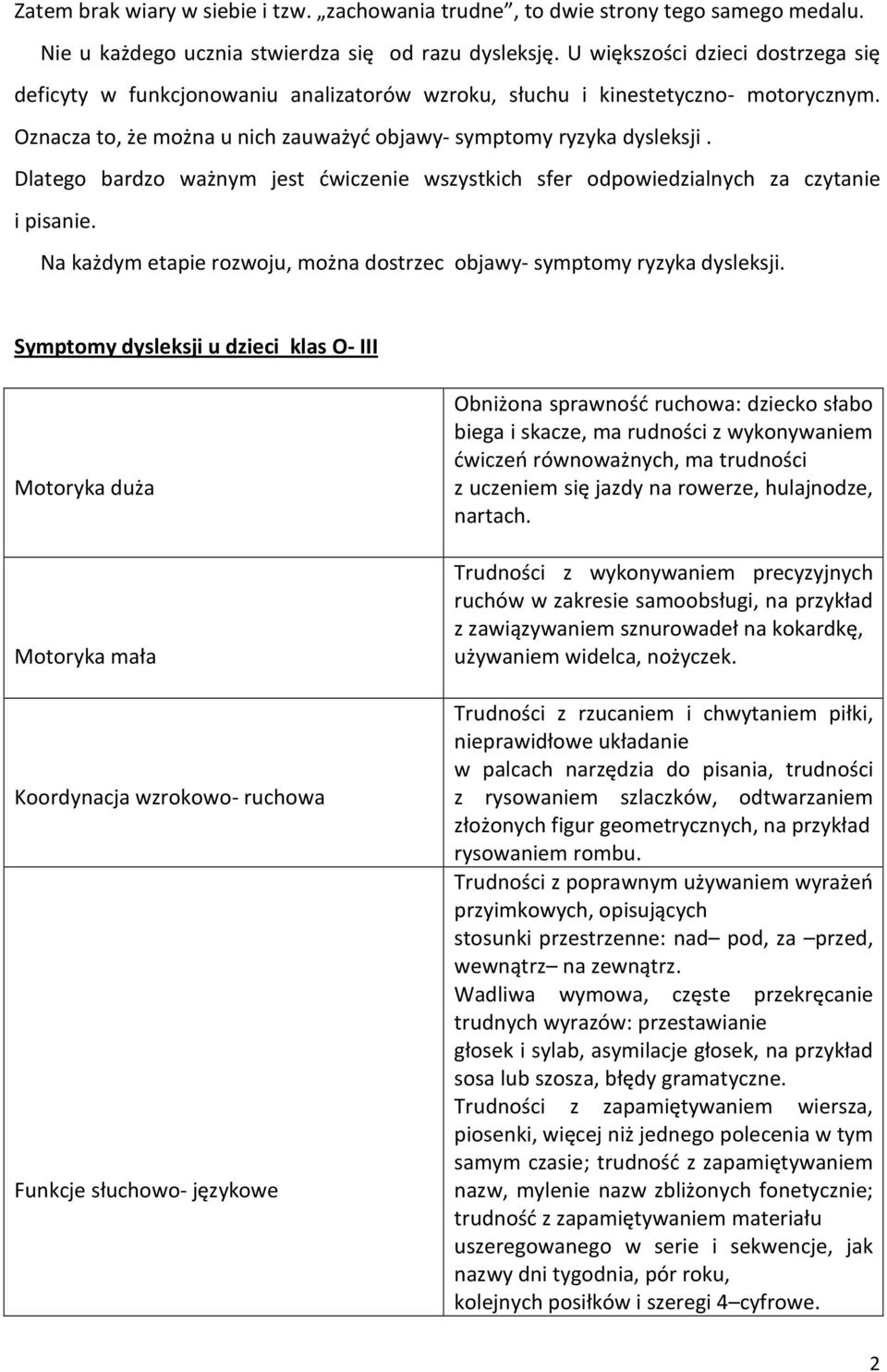 Dlatego bardzo ważnym jest ćwiczenie wszystkich sfer odpowiedzialnych za czytanie i pisanie. Na każdym etapie rozwoju, można dostrzec objawy- symptomy ryzyka dysleksji.