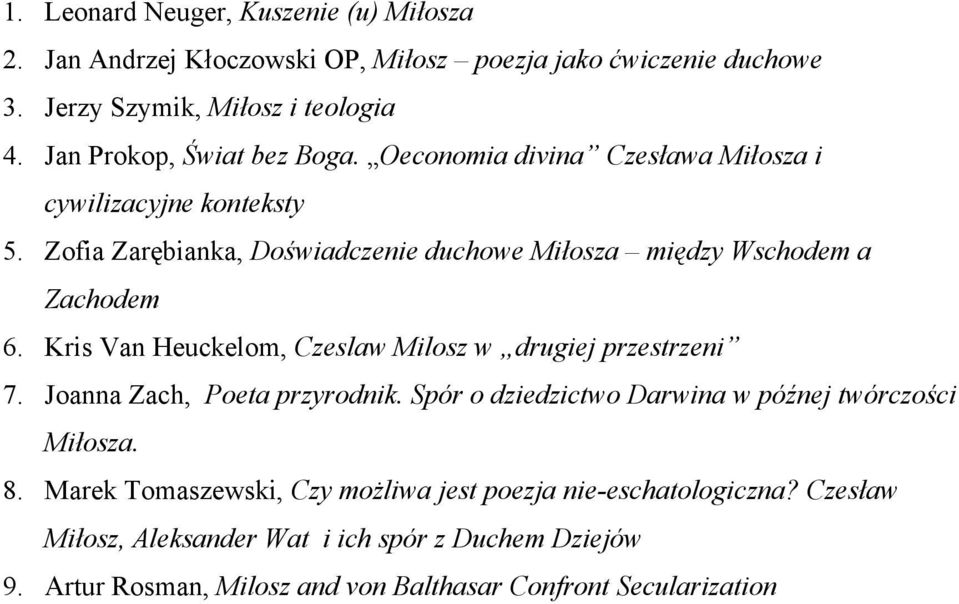 Zofia Zarębianka, Doświadczenie duchowe Miłosza między Wschodem a Zachodem 6. Kris Van Heuckelom, Czeslaw Milosz w drugiej przestrzeni 7.