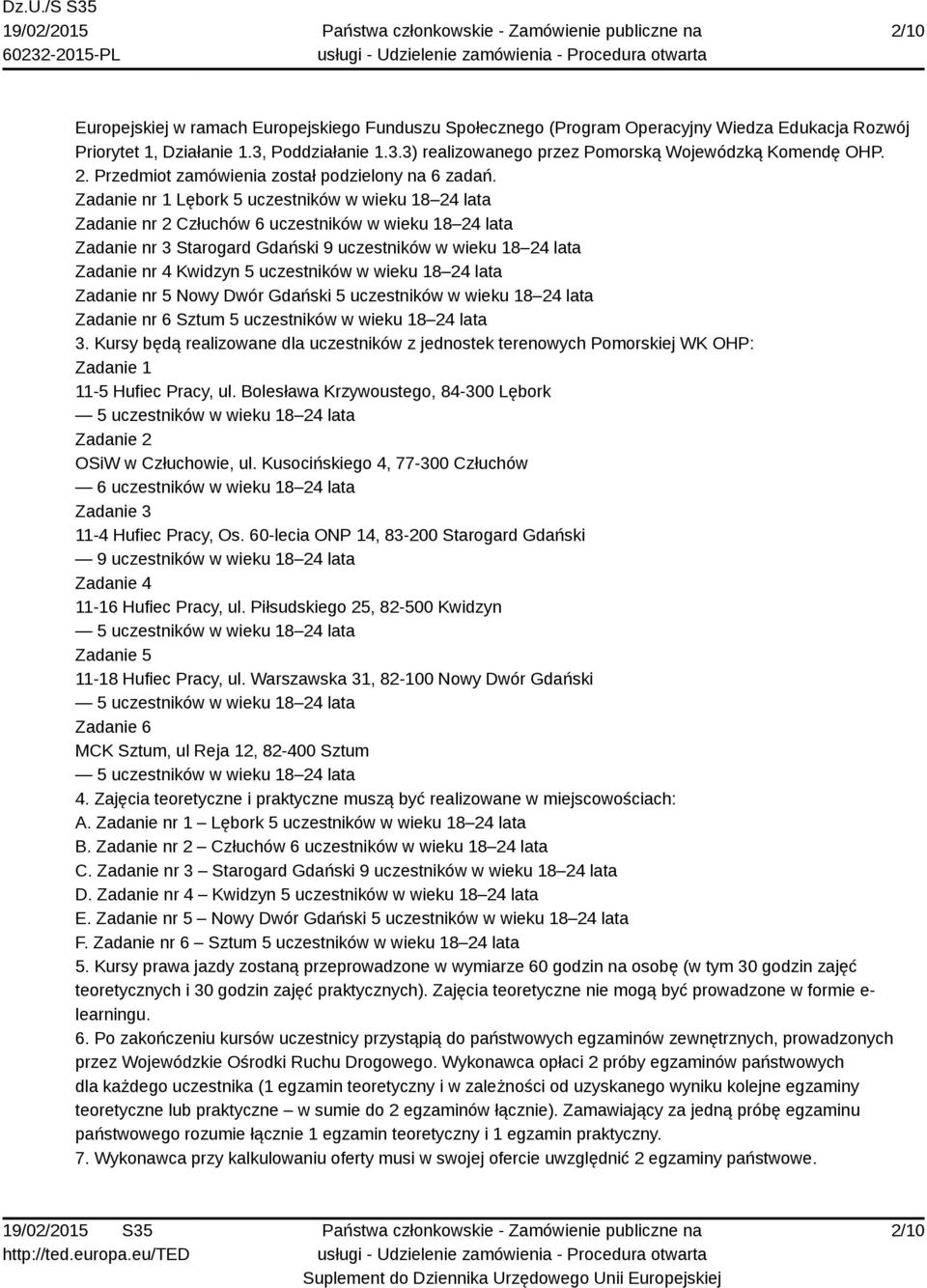 Zadanie nr 1 Lębork 5 uczestników w wieku 18 24 lata Zadanie nr 2 Człuchów 6 uczestników w wieku 18 24 lata Zadanie nr 3 Starogard Gdański 9 uczestników w wieku 18 24 lata Zadanie nr 4 Kwidzyn 5