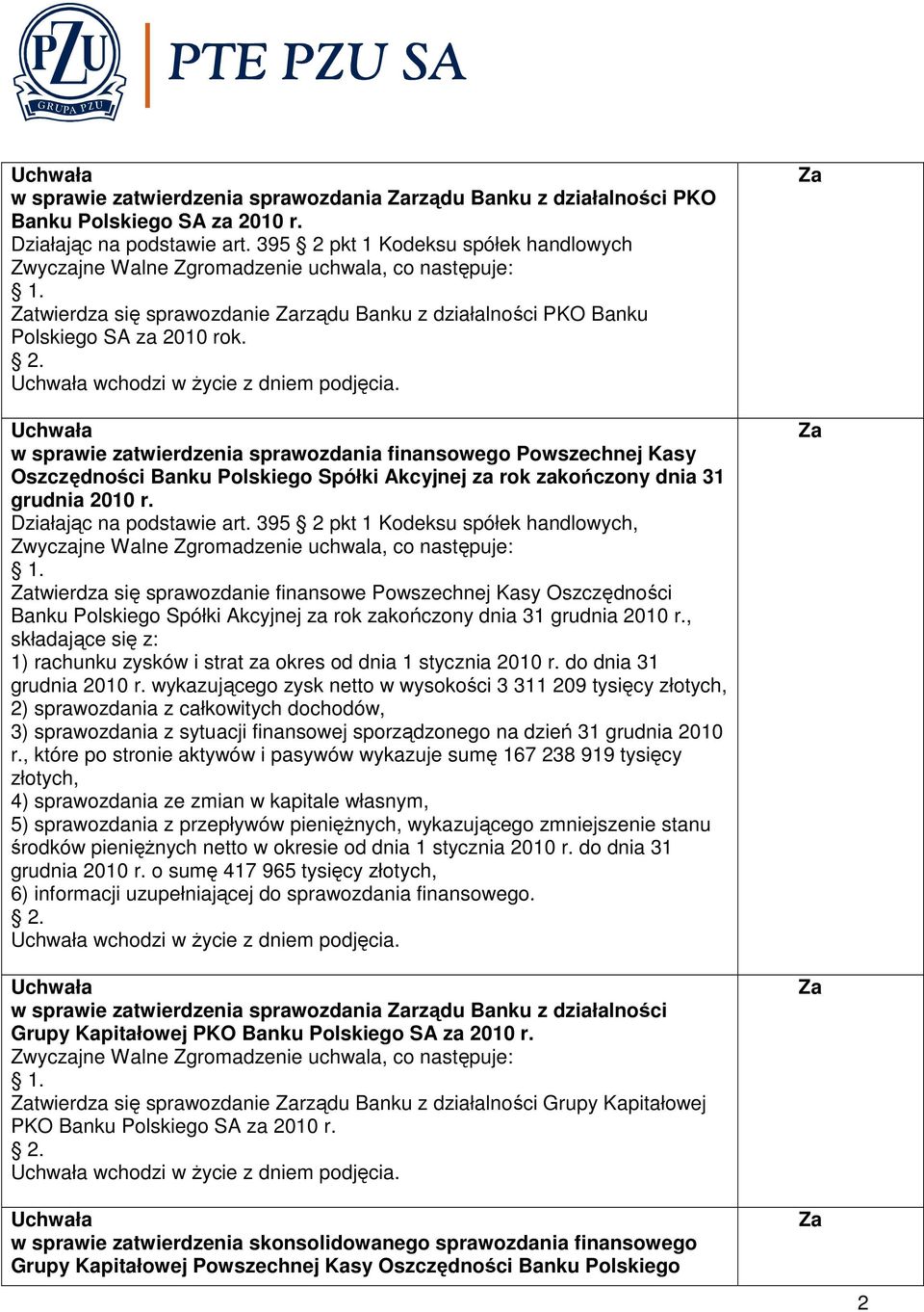 w sprawie zatwierdzenia sprawozdania finansowego Powszechnej Kasy Oszczędności Banku Polskiego Spółki Akcyjnej za rok zakończony dnia 31 grudnia 2010 r. Działając na podstawie art.