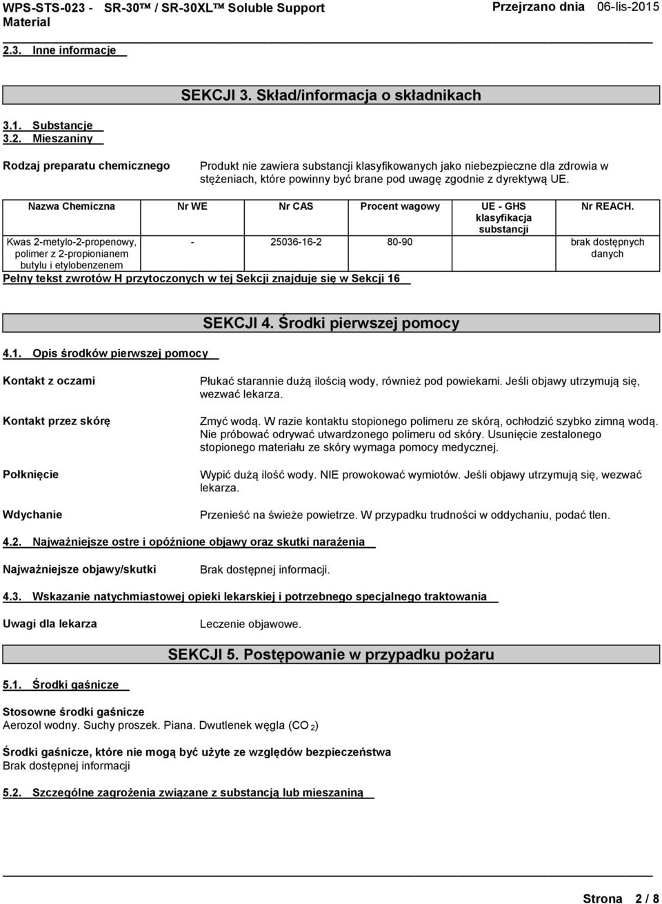 dyrektywą UE. Nazwa Chemiczna Nr WE Nr CAS Procent wagowy UE - GHS klasyfikacja substancji Kwas 2-metylo-2-propenowy, polimer z 2-propionianem butylu i etylobenzenem Nr REACH.