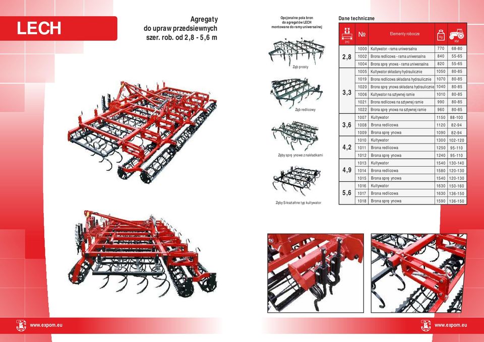 Brona redlicowa - rama uniwersalna 84 Brona sprężynowa - rama uniwersalna 82 Kultywator składany hydraulicznie 15 Brona redlicowa składana hydraulicznie 17 Brona sprężynowa składana hydraulicznie 14