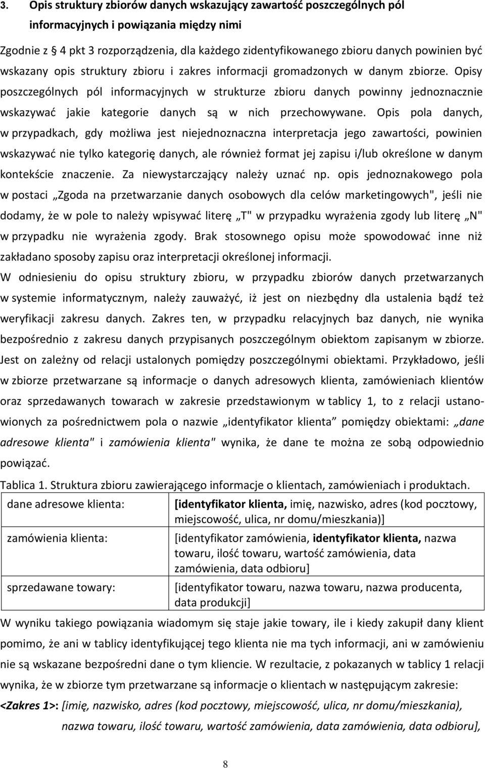 Opisy poszczególnych pól informacyjnych w strukturze zbioru danych powinny jednoznacznie wskazywać jakie kategorie danych są w nich przechowywane.