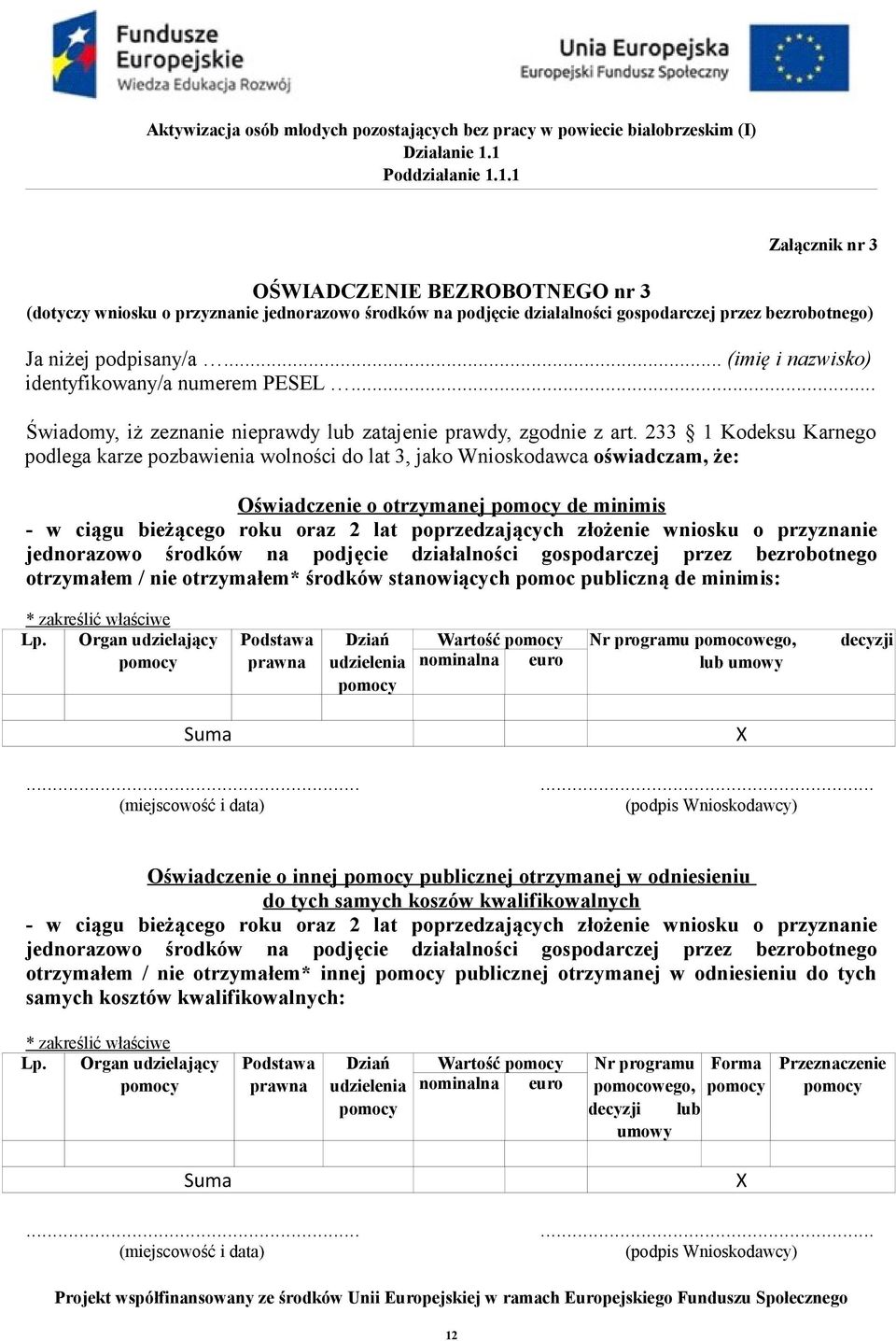 233 1 Kodeksu Karnego podlega karze pozbawienia wolności do lat 3, jako Wnioskodawca oświadczam, że: Oświadczenie o otrzymanej pomocy de minimis - w ciągu bieżącego roku oraz 2 lat poprzedzających