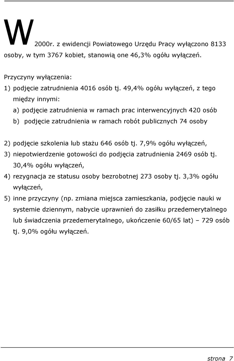 stażu 646 osób tj. 7,9% ogółu wyłączeń, 3) niepotwierdzenie gotowości do podjęcia zatrudnienia 2469 osób tj. 30,4% ogółu wyłączeń, 4) rezygnacja ze statusu osoby bezrobotnej 273 osoby tj.