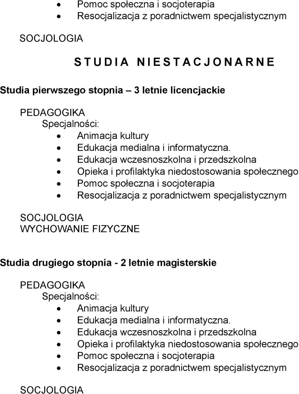 Pomoc społeczna i socjoterapia Resocjalizacja z poradnictwem specjalistycznym WYCHOWANIE FIZYCZNE Studia