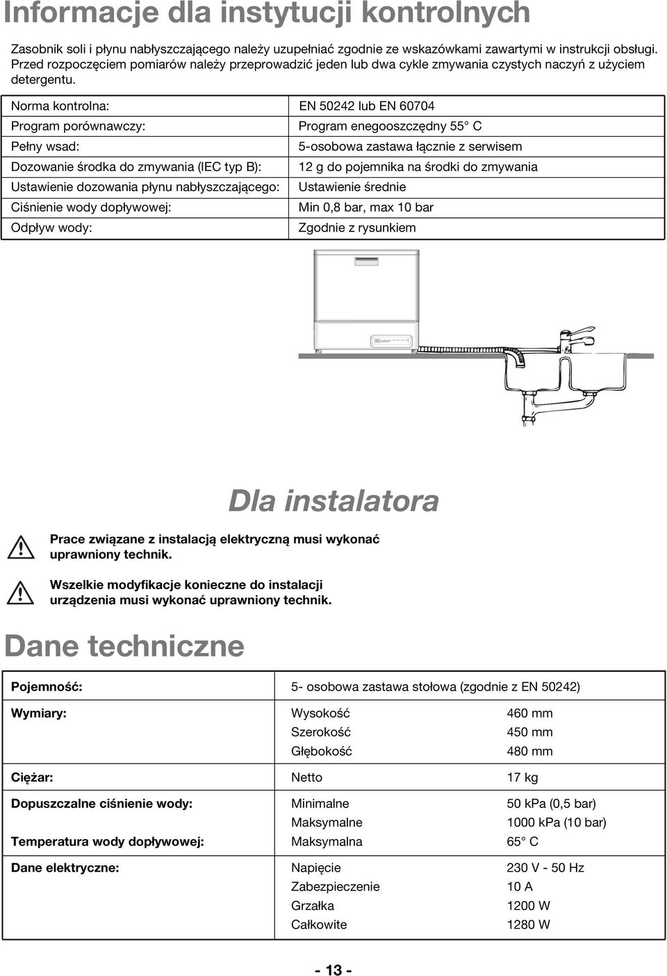 Norma kontrolna: EN 50242 lub EN 60704 Program porównawczy: Program enegooszczędny 55 C Pełny wsad: 5-osobowa zastawa łącznie z serwisem Dozowanie środka do zmywania (IEC typ B): 12 g do pojemnika na