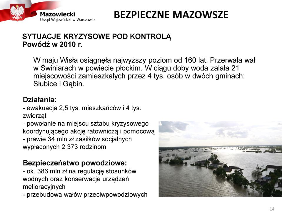 zwierząt - powołanie na miejscu sztabu kryzysowego koordynującego akcję ratowniczą i pomocową - prawie 34 mln zł zasiłków socjalnych wypłaconych 2 373 rodzinom