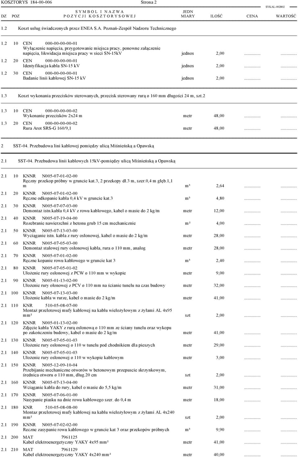 ..... 1.2 30 CEN 000-00-00-00-01 Badanie linii kablowej SN-15 kv jednos 2,00...... 1.3 Koszt wykonania przecisków sterowanych, przecisk sterowany rurą ø 160 mm długości 24 m, szt.2 1.