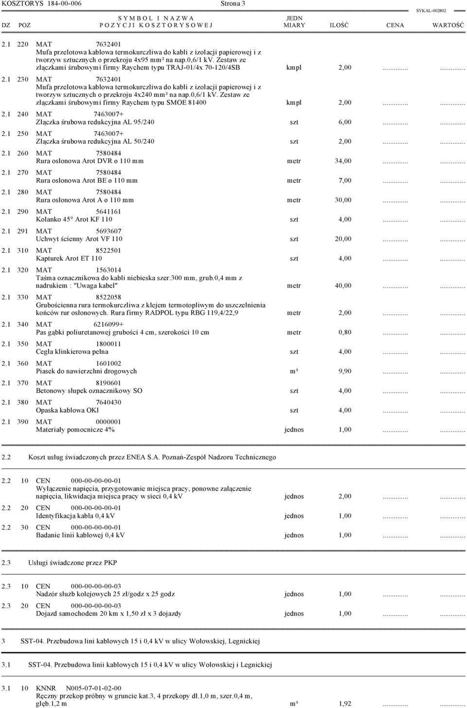 00...... 2.1 230 MAT 7632401 Mufa przelotowa kablowa termokurczliwa do kabli z izolacji papierowej i z tworzyw sztucznych o przekroju 4x240 mm² na nap.0,6/1 kv.