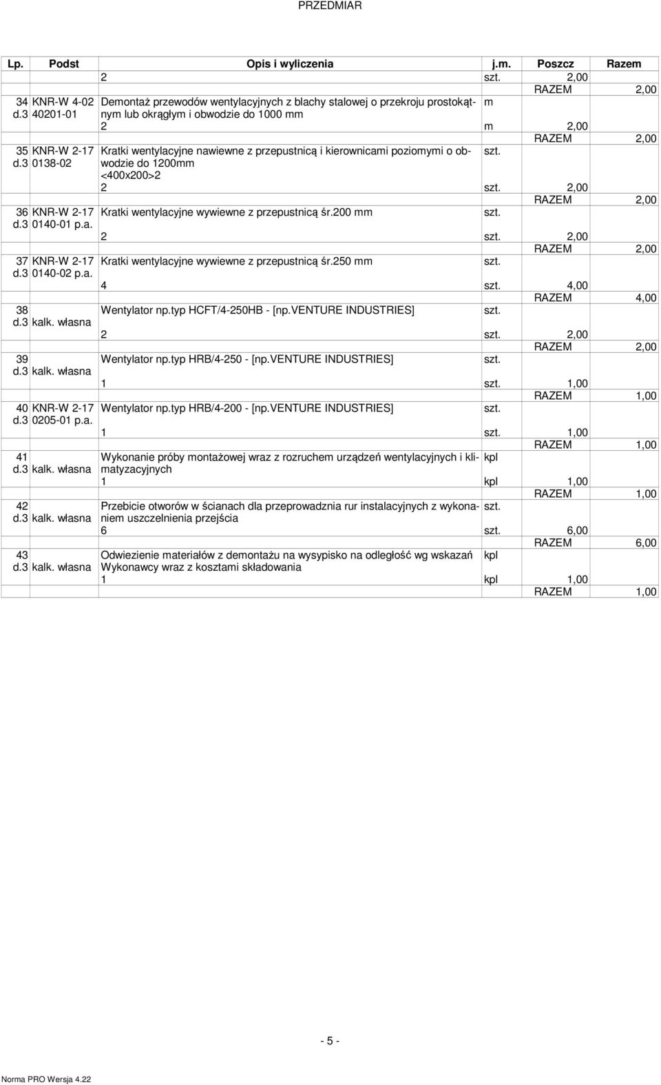 37 KNR-W 2-17 d.3 0140-02 p.a. 38 39 40 KNR-W 2-17 d.3 0205-01 p.a. 41 42 43 Kratki wentylacyjne nawiewne z przepustnicą i kierownicai pozioyi o obwodzie do 1200 <400x200>2 2 2,00 Kratki wentylacyjne wywiewne z przepustnicą śr.