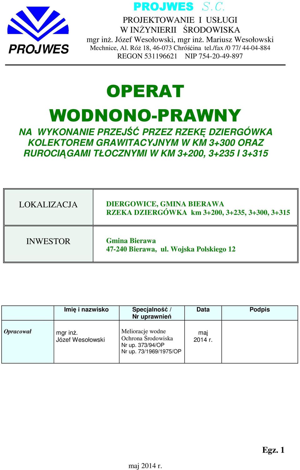 TŁOCZNYMI W KM 3+200, 3+235 I 3+315 LOKALIZACJA DIERGOWICE, GMINA BIERAWA RZEKA DZIERGÓWKA km 3+200, 3+235, 3+300, 3+315 INWESTOR Gmina Bierawa 47-240 Bierawa, ul.