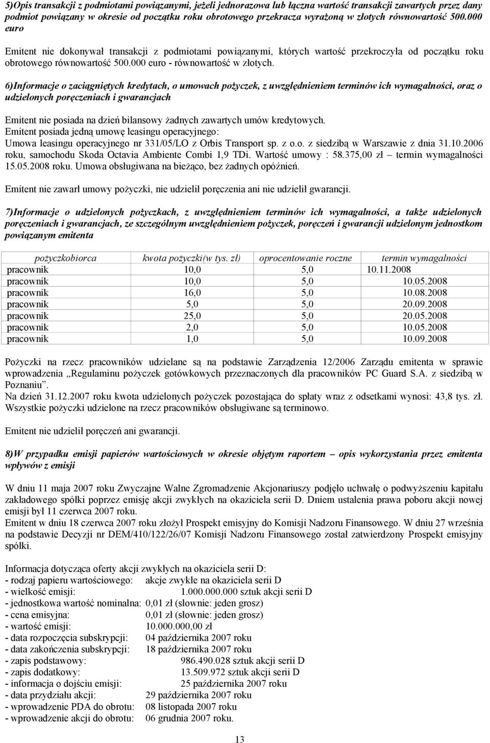 6)Informacje o zaciągniętych kredytach, o umowach pożyczek, z uwzględnieniem terminów ich wymagalności, oraz o udzielonych poręczeniach i gwarancjach Emitent nie posiada na dzień bilansowy żadnych