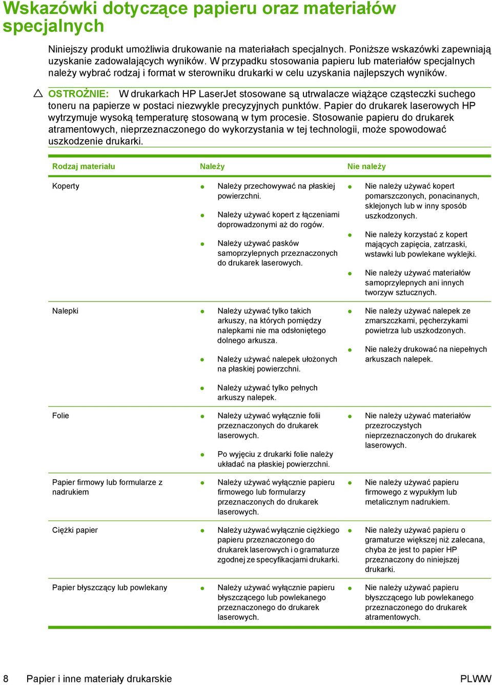 OSTROŻNIE: W drukarkach HP LaserJet stosowane są utrwalacze wiążące cząsteczki suchego toneru na papierze w postaci niezwykle precyzyjnych punktów.