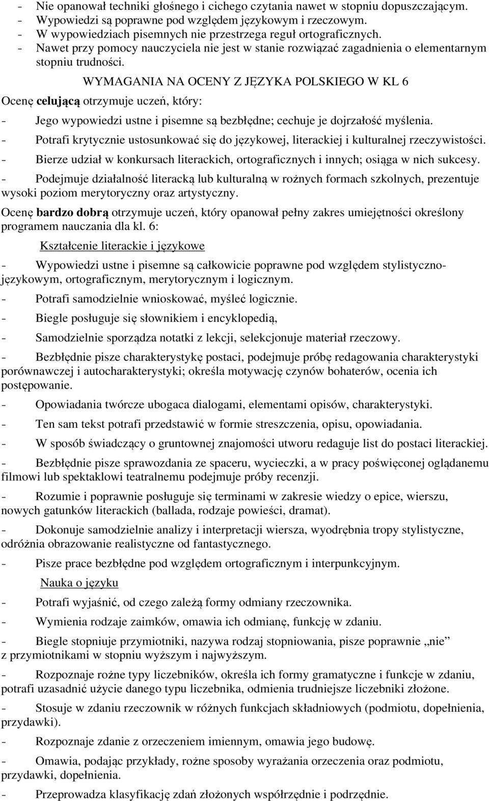 WYMAGANIA NA OCENY Z JĘZYKA POLSKIEGO W KL 6 Ocenę celującą otrzymuje uczeń, który: - Jego wypowiedzi ustne i pisemne są bezbłędne; cechuje je dojrzałość myślenia.