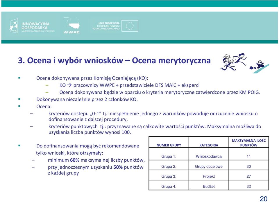 : niespełnienie jednego z warunków powoduje odrzucenie wniosku o dofinansowanie z dalszej procedury, kryteriów punktowych tj.: przyznawane są całkowite wartości punktów.