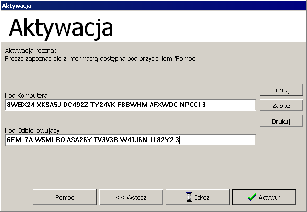 Aktywacja 5. Klikamy OK. Serwer wykona operację i wyświetli Kod Odblokowujący: 6. Kopiujemy Kod Odblokowujący do Notatnika używając klawiszy Ctrl+C / Ctrl+V i zapisujemy plik na dyskietce. 7.