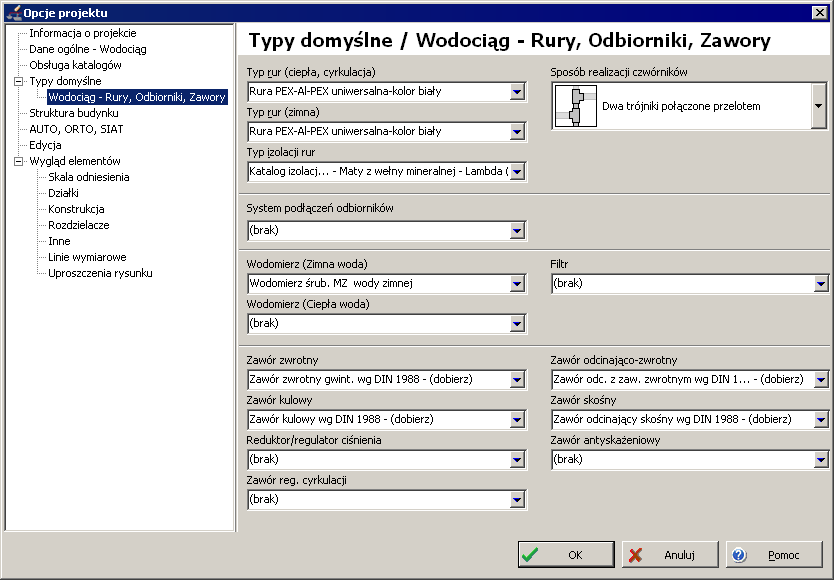 3. W oknie opcji projektu, z rozwijalnej listy, wybieramy pozycję Typy domyślne/rury, Odbiorniki.