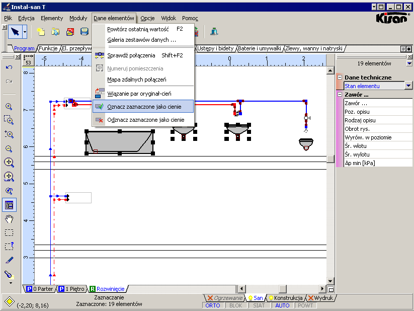 3. Zaznaczamy narysowane elementy instalacji za pomocą funkcji Zaznaczanie elementów z obszaru i wybieramy z menu głównego polecenie Dane elementów >> Oznacz zaznaczone jako cienie.