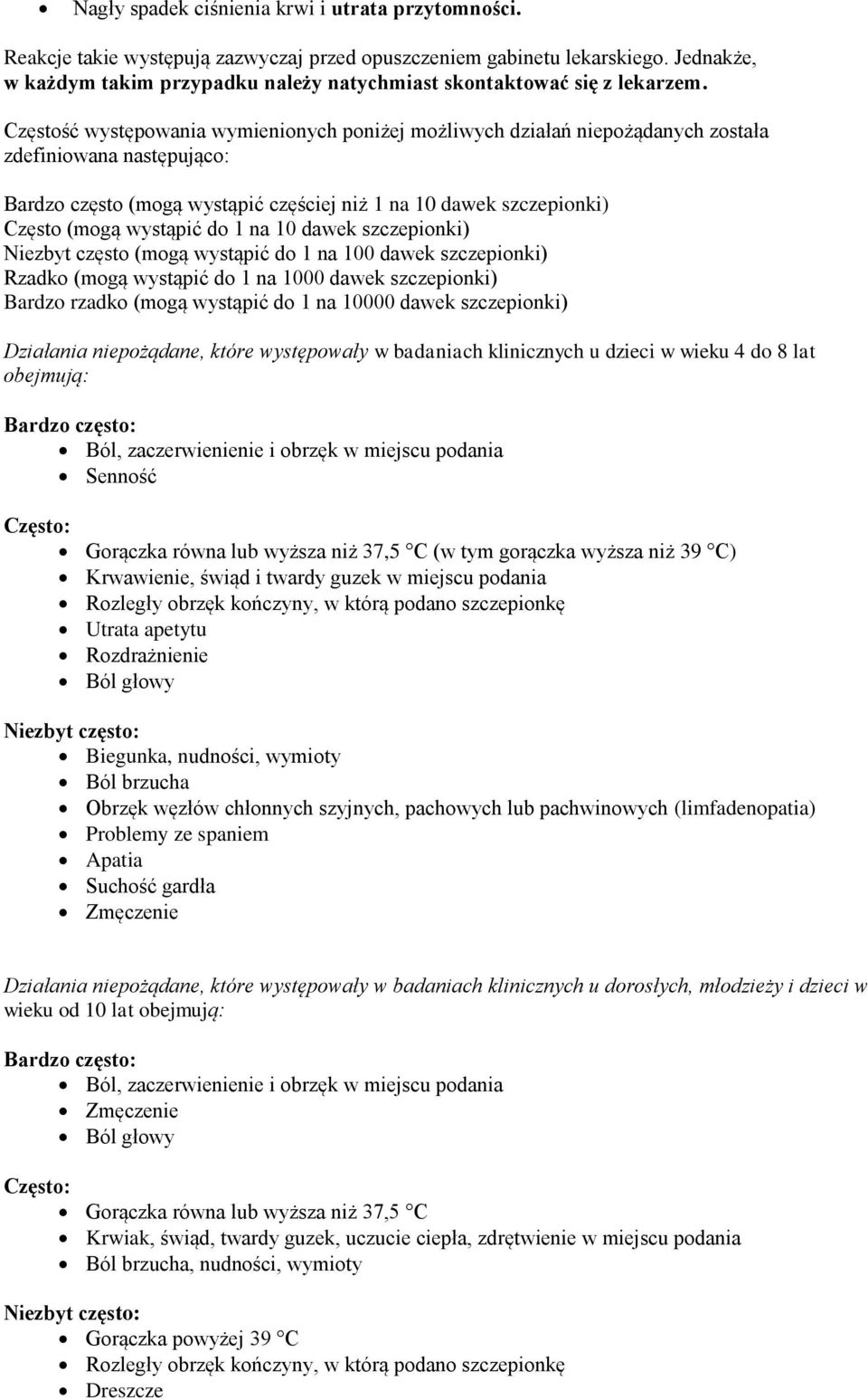 Częstość występowania wymienionych poniżej możliwych działań niepożądanych została zdefiniowana następująco: Bardzo często (mogą wystąpić częściej niż 1 na 10 dawek szczepionki) Często (mogą wystąpić