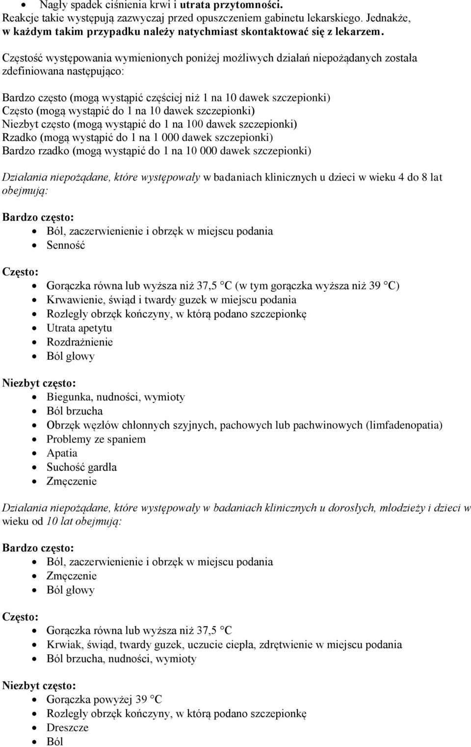 Częstość występowania wymienionych poniżej możliwych działań niepożądanych została zdefiniowana następująco: Bardzo często (mogą wystąpić częściej niż 1 na 10 dawek szczepionki) Często (mogą wystąpić