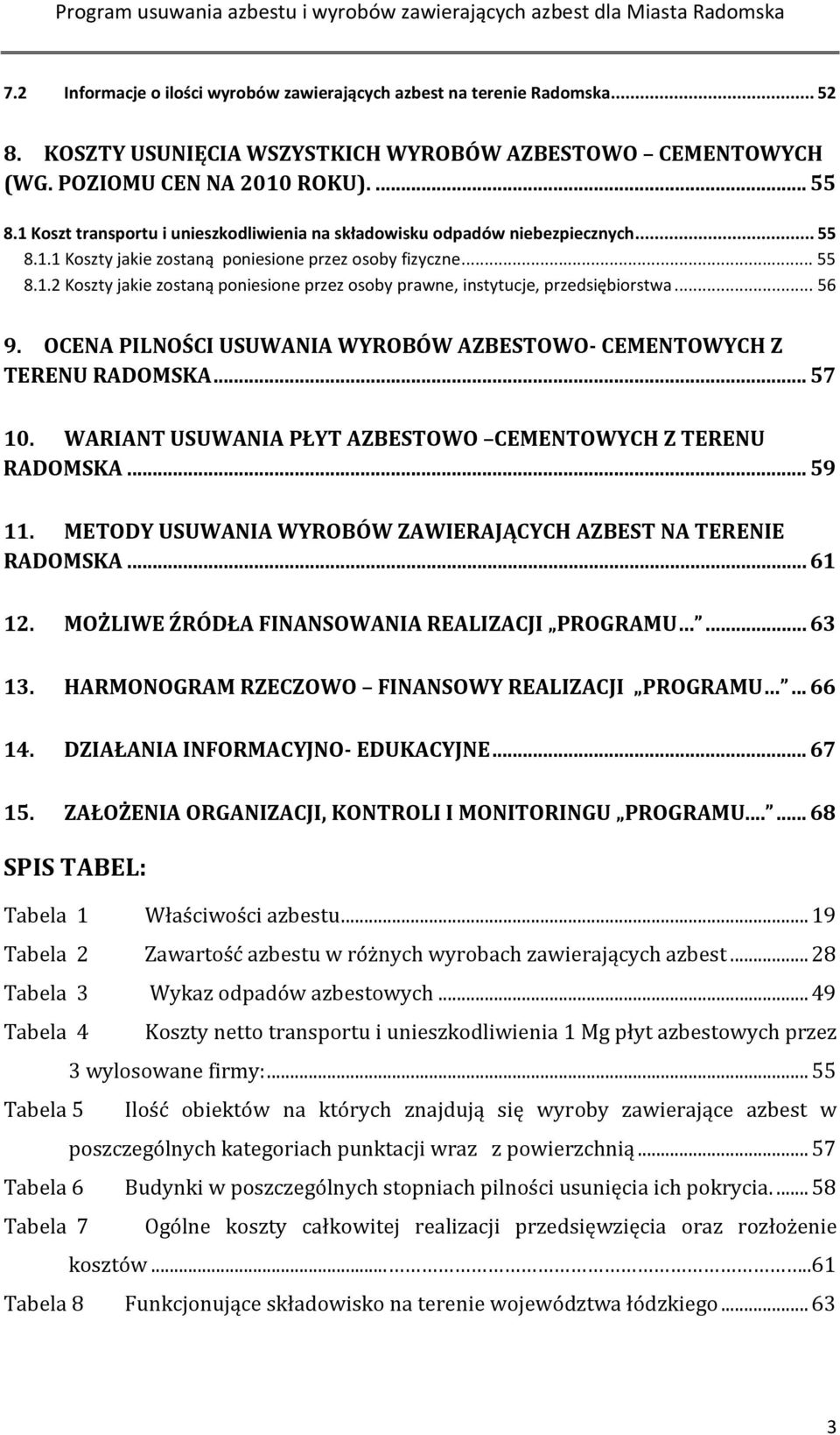 .. 56 9. OCENA PILNOŚCI USUWANIA WYROBÓW AZBESTOWO- CEMENTOWYCH Z TERENU RADOMSKA... 57 10. WARIANT USUWANIA PŁYT AZBESTOWO CEMENTOWYCH Z TERENU RADOMSKA... 59 11.